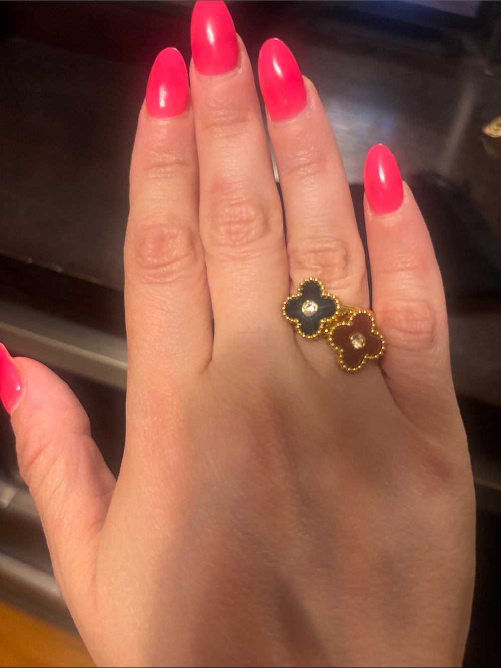 Gold Double Clover Floral Rings with Black and Brown Enamel